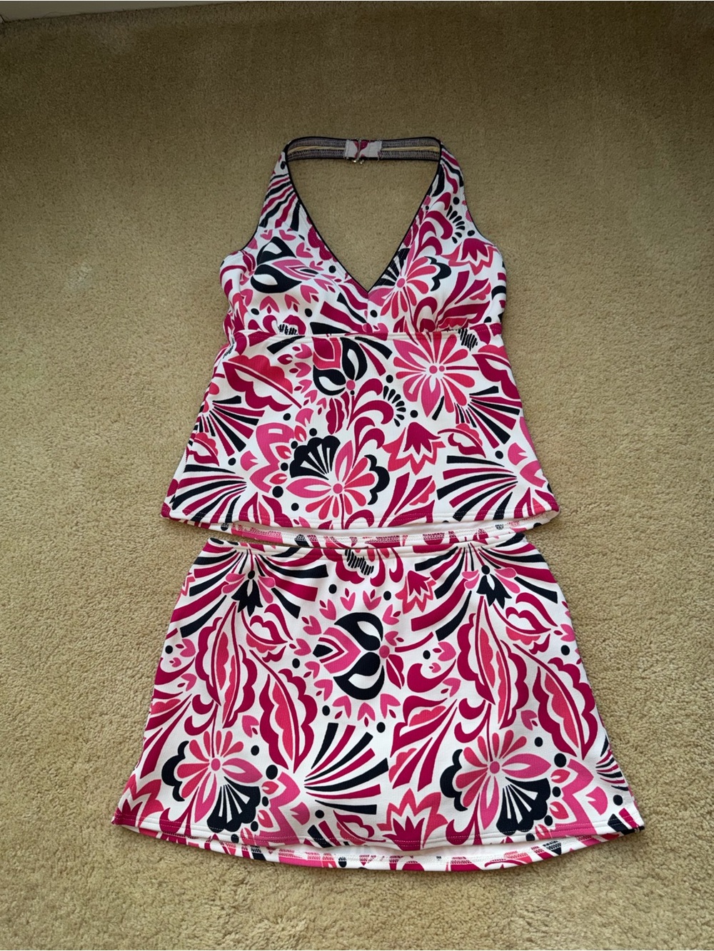 Lands’ End White Pink Black Ribbed Tankini Swim Suit Top & Skirt - Sz 10 - VGUC